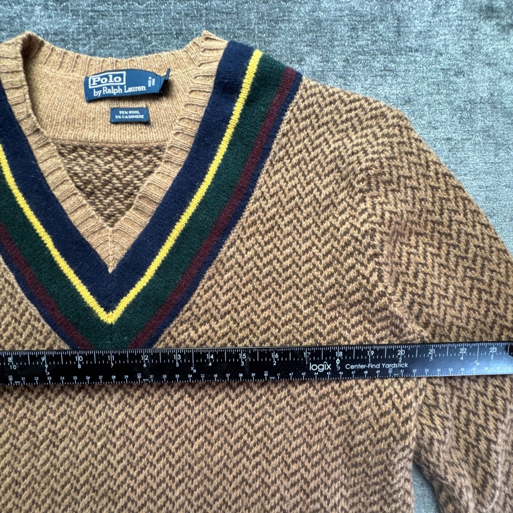Polo Ralph Lauren Sweater Mens Medium Brown Herringbone Wool Cashmere V-Neck - Picture 4 of 14